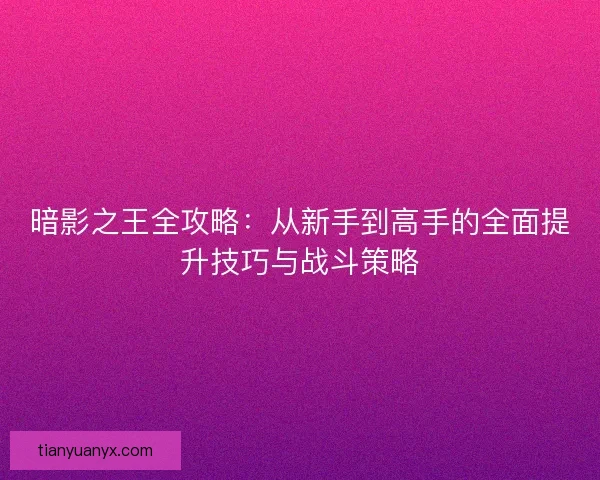 暗影之王全攻略：从新手到高手的全面提升技巧与战斗策略